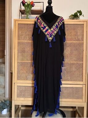 Pitusa Kaftan Dress Black/Blue Tassels/Embroidered Open Sides 1 Cotton Blend